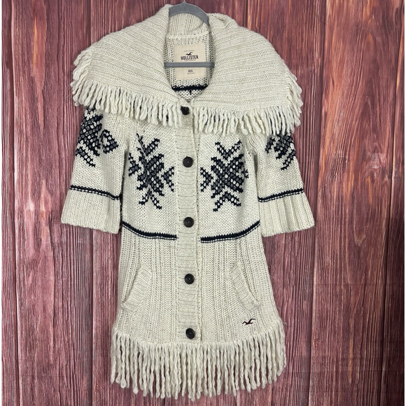 Hollister Womens Ivory Chunky Knit Cardigan Fringe Y2K 2000s Wool Fair Isle XS/S - Picture 1 of 6